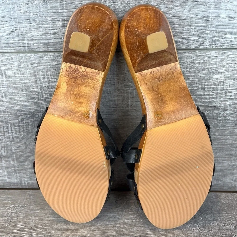 Gianni Bini sz 8.5 Riley black leather cross strap wood clog heeled sandals